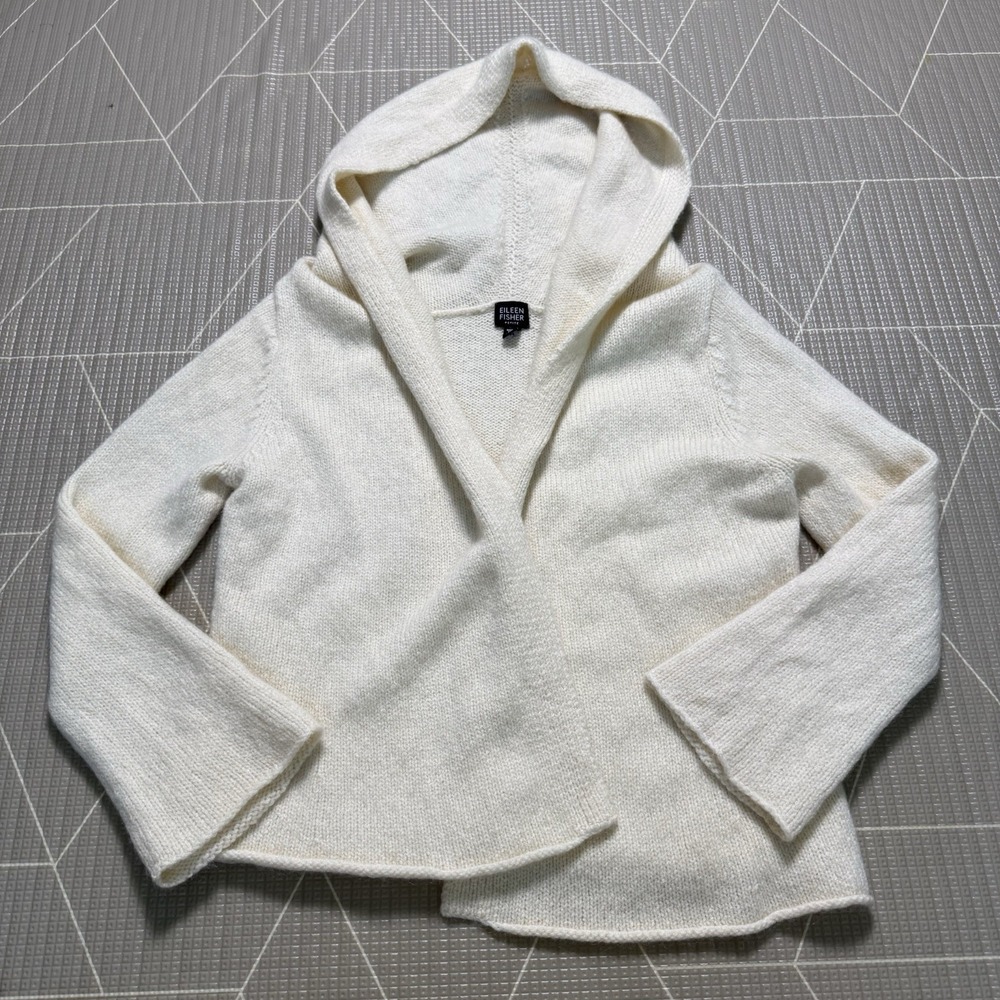 Eileen Fisher Thick Hooded Cardigan Petite L Wool & Mohair Blend Ivory Cream
